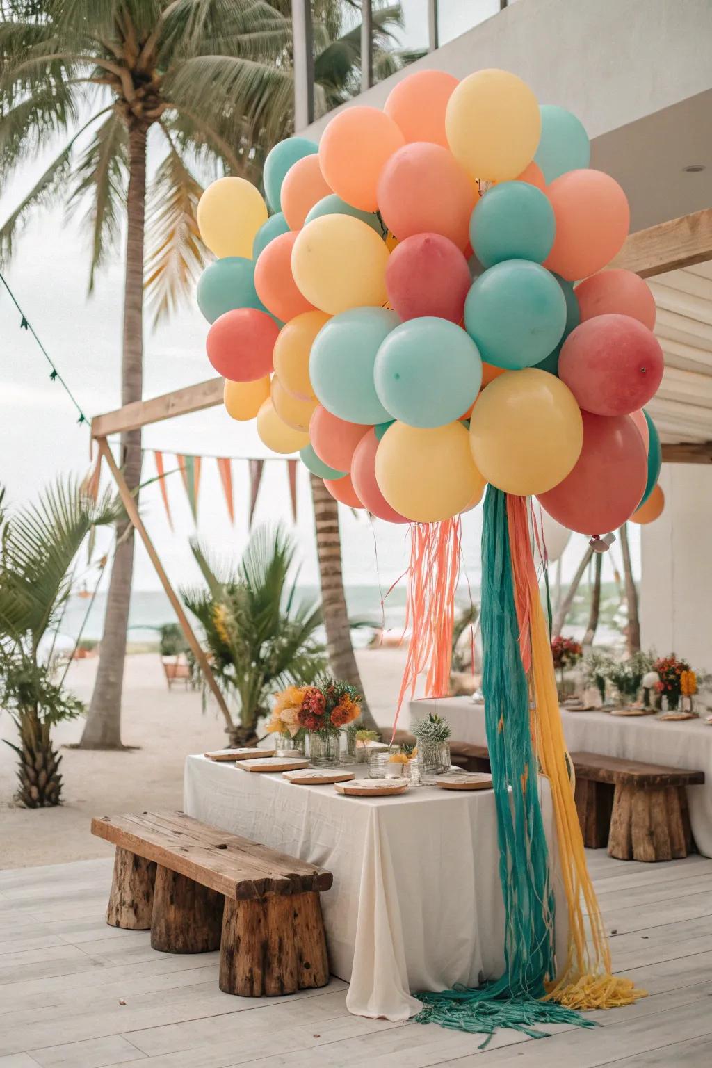 Bright balloons and streamers add a festive flair to any tropical party.