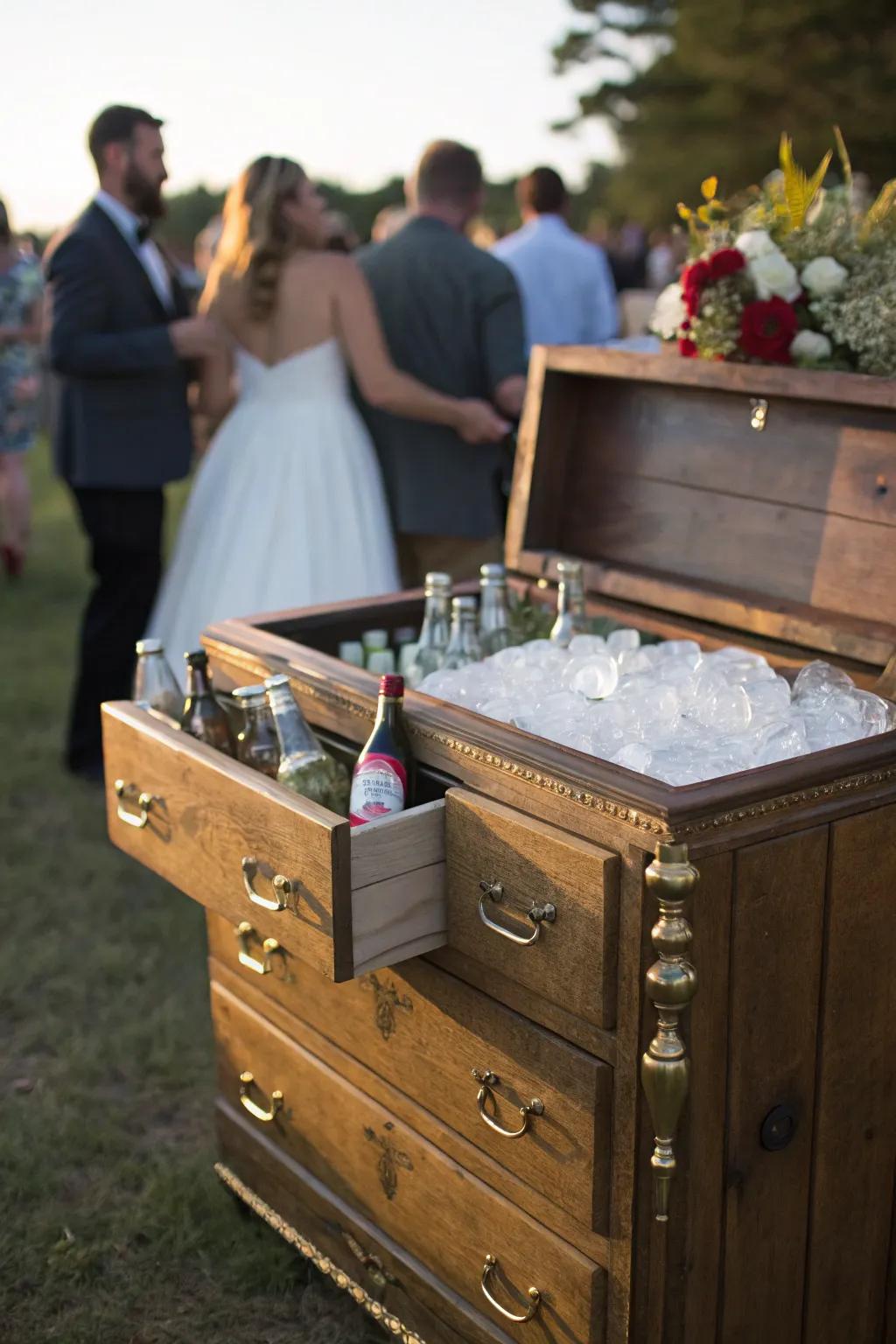 Repurposed antique furniture brings elegance and surprise to your wedding drink stations. 🌟🪑 #AntiqueCharm #WeddingDecor