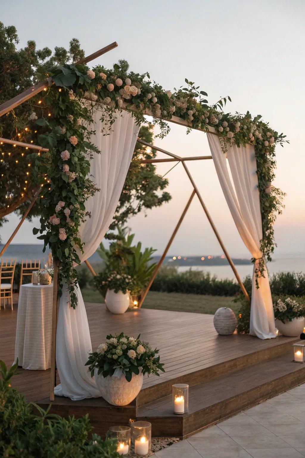 Geometric elegance meets vibrant florals in this stunning wedding stage design, perfect for modern couples.