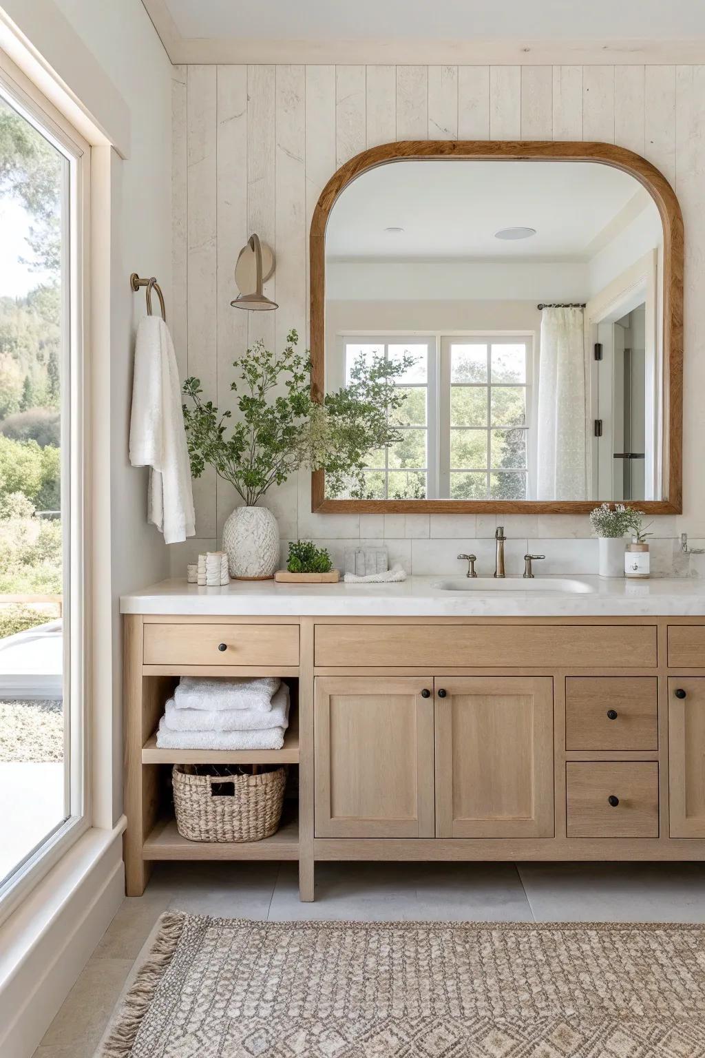 A statement mirror not only enhances light but becomes a centerpiece of your bathroom decor. ✨ #MirrorMagic #BathroomDecor #InteriorInspo