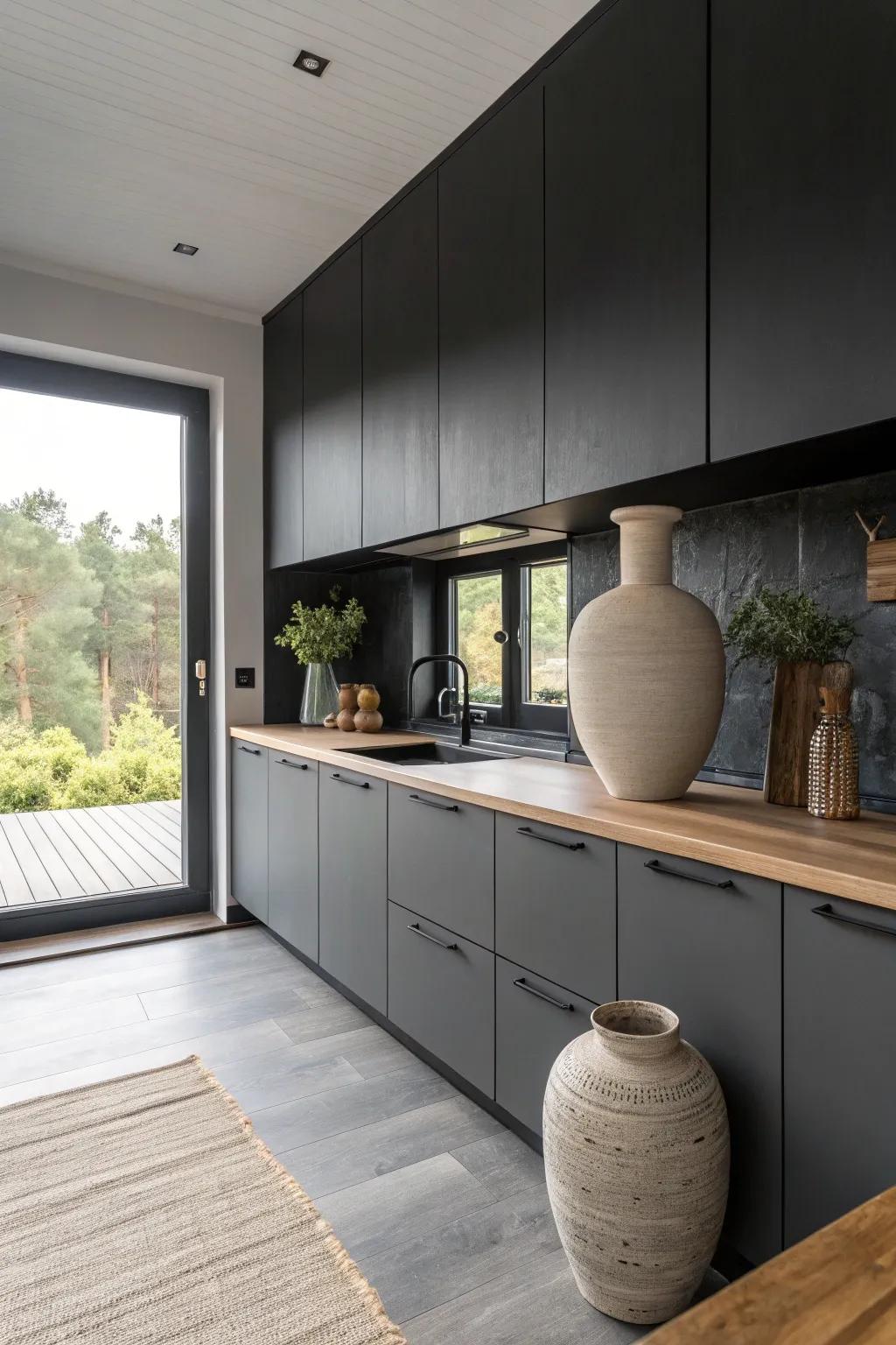 Add sophistication with black walls that create a stunning contrast with gray cabinets. 🖤 #BoldDesign #ChicInteriors
