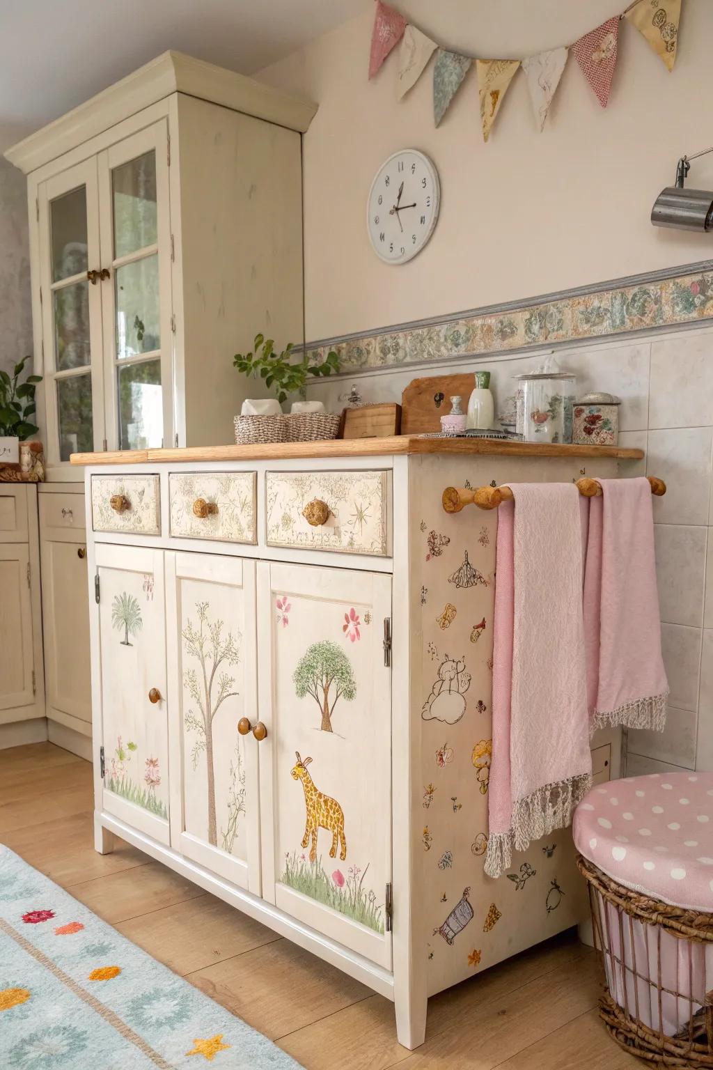 Infuse your kitchen with personality using a cabinet painted with whimsical animal patterns. 🐾 #AnimalPrint #WhimsicalDecor #KitchenStyle