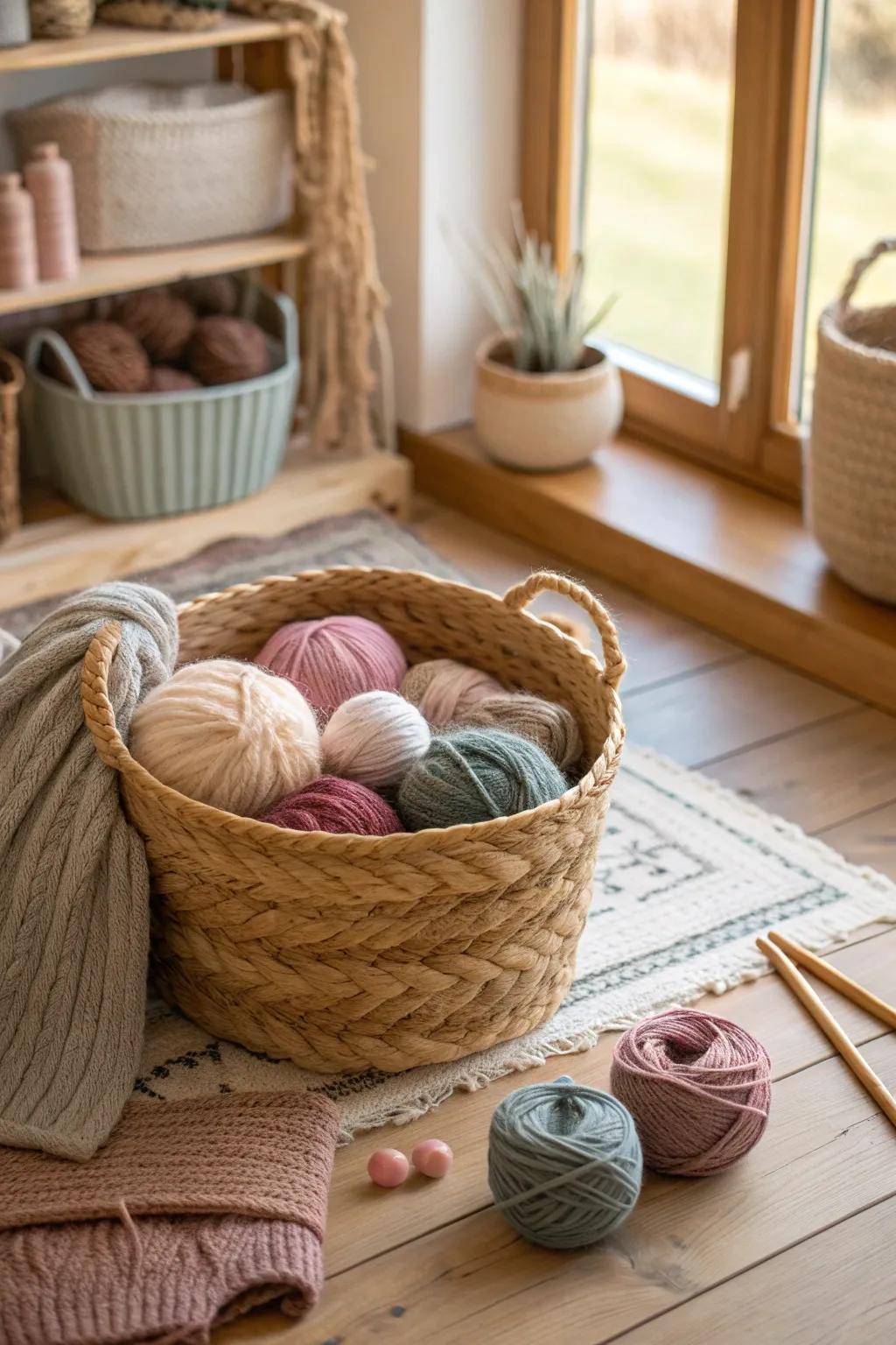 Craft your own stylish baskets for a personal touch in yarn storage. 🧺 #CraftingFun #YarnRoom