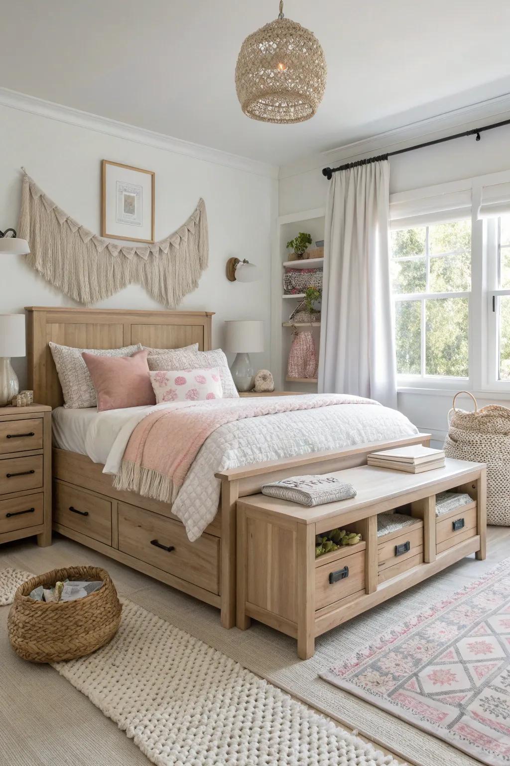 Multi-functional furniture cleverly maximizes space, perfect for a stylish and organized teen room.