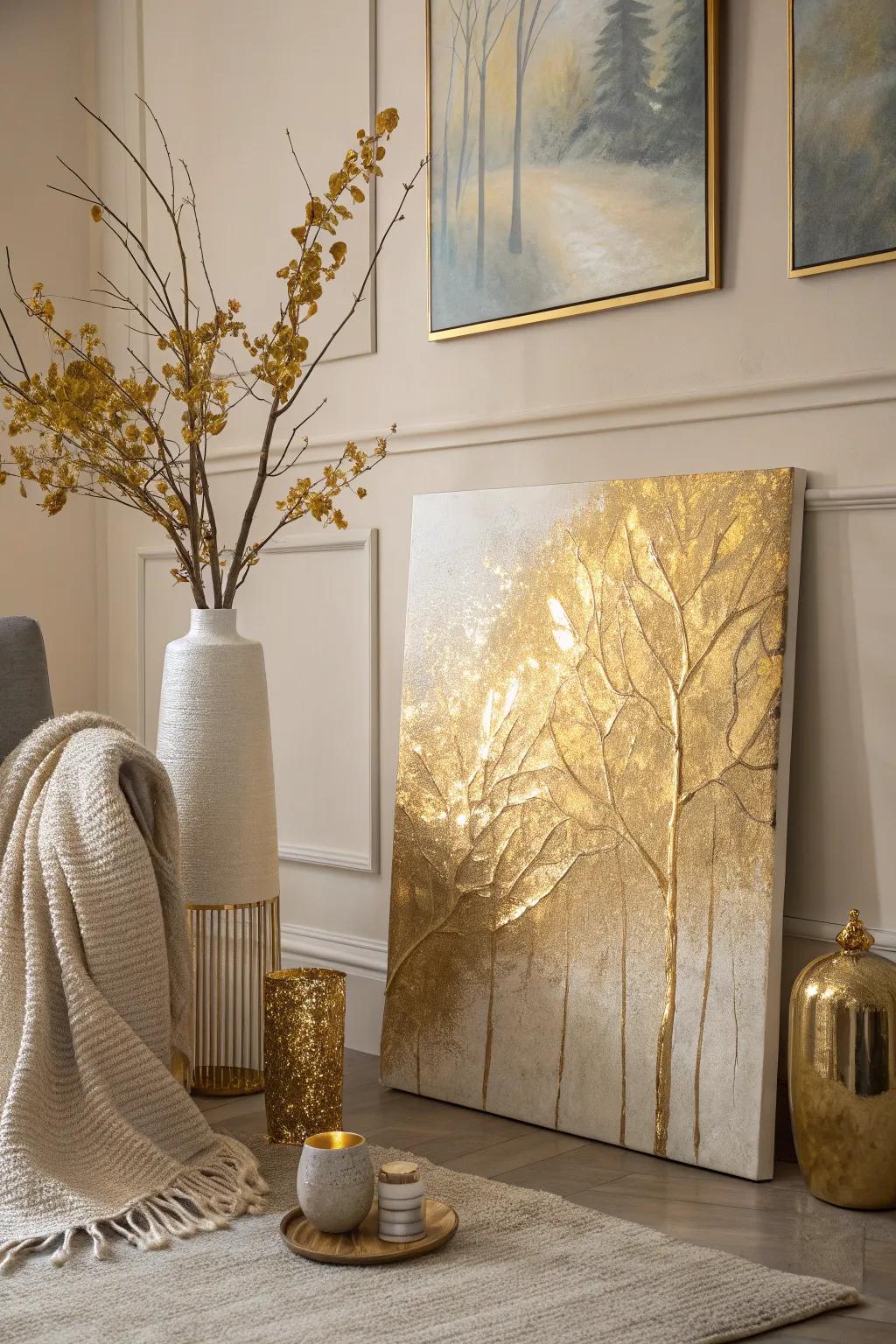Delicate gold leaf touches bring a whisper of luxury to minimalist art.