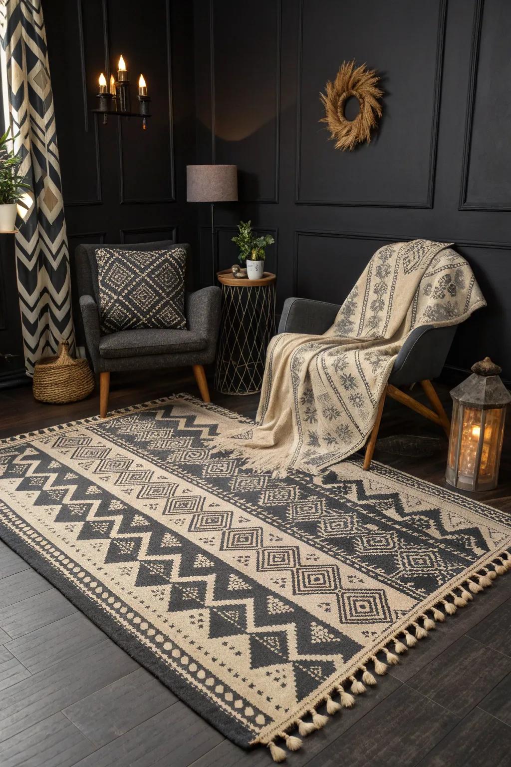 A geometric rug and layered textiles add dynamic texture to this sophisticated black room.