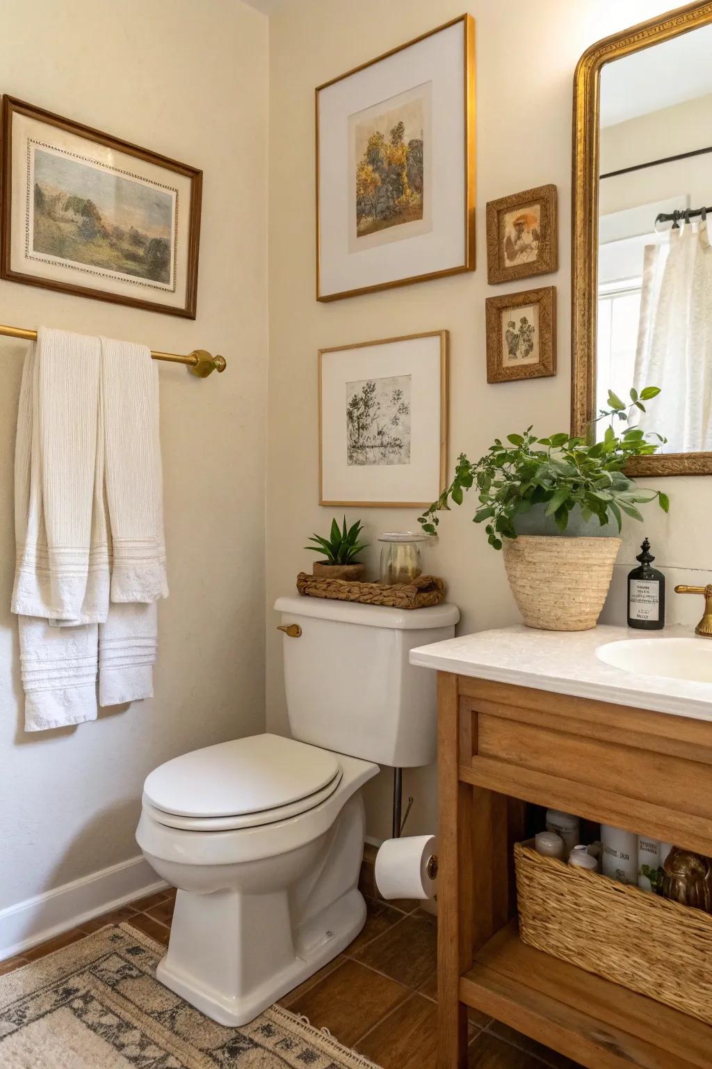 Vintage art pieces add a touch of nostalgia and character to any bathroom.