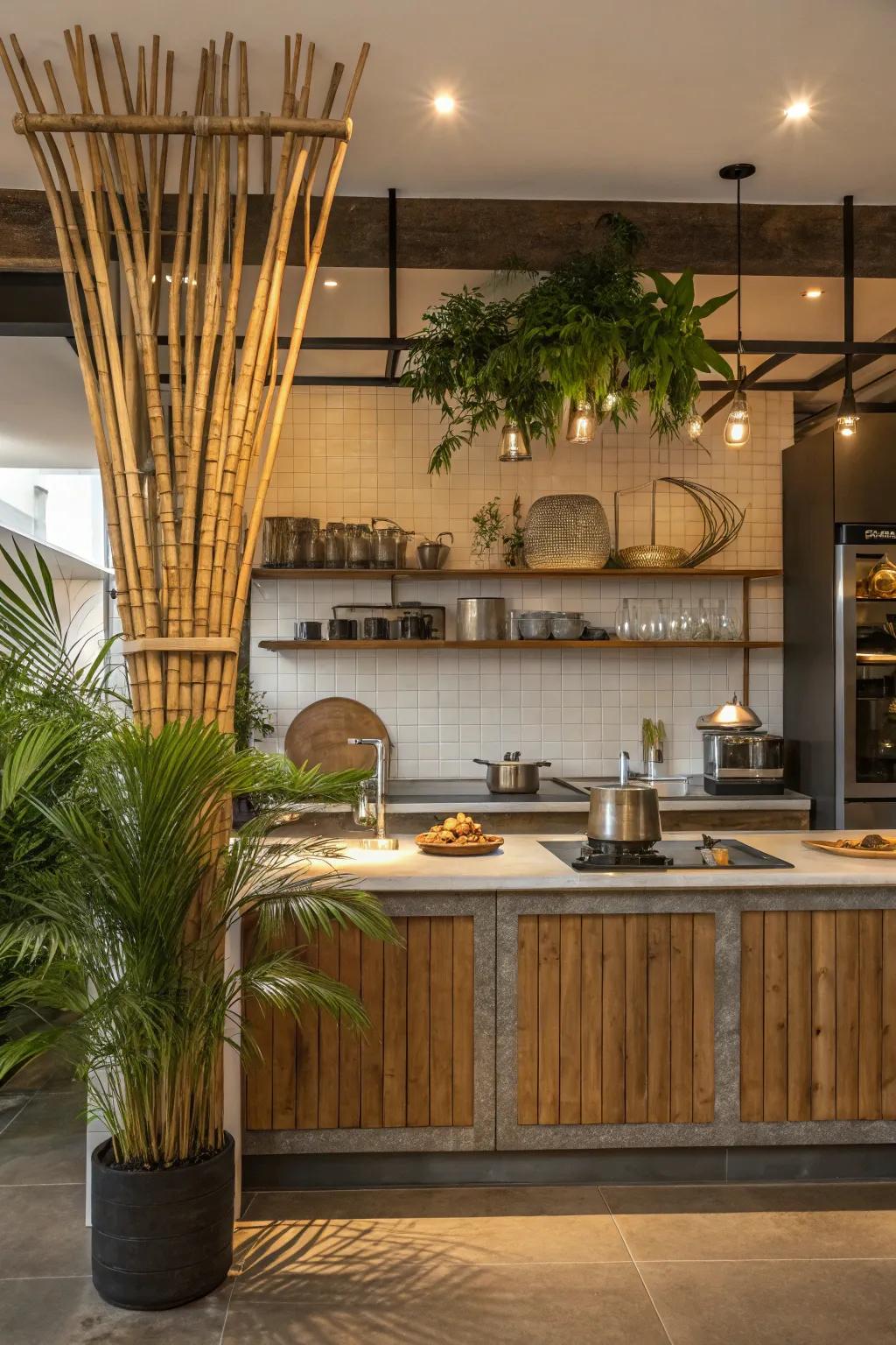 Fuse modern and natural styles with a bamboo and metal backsplash that stands out.