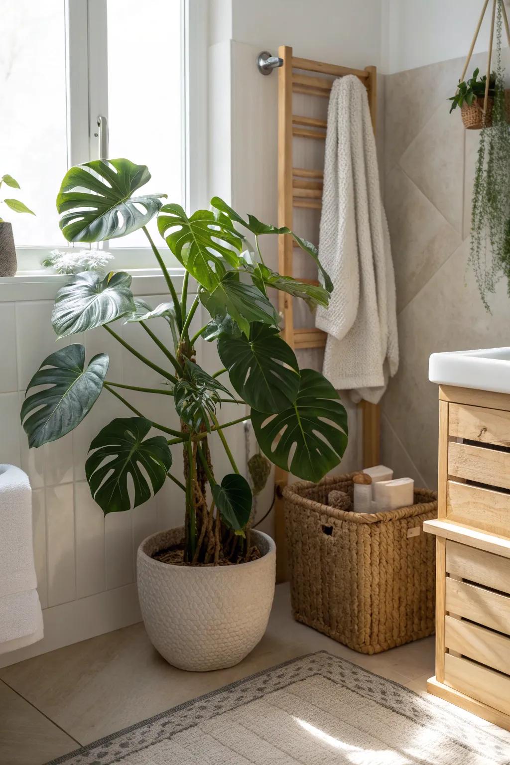 Make a bold statement with a stunning monstera in your bathroom corner. 🌿 #InteriorDesign #PlantLovers