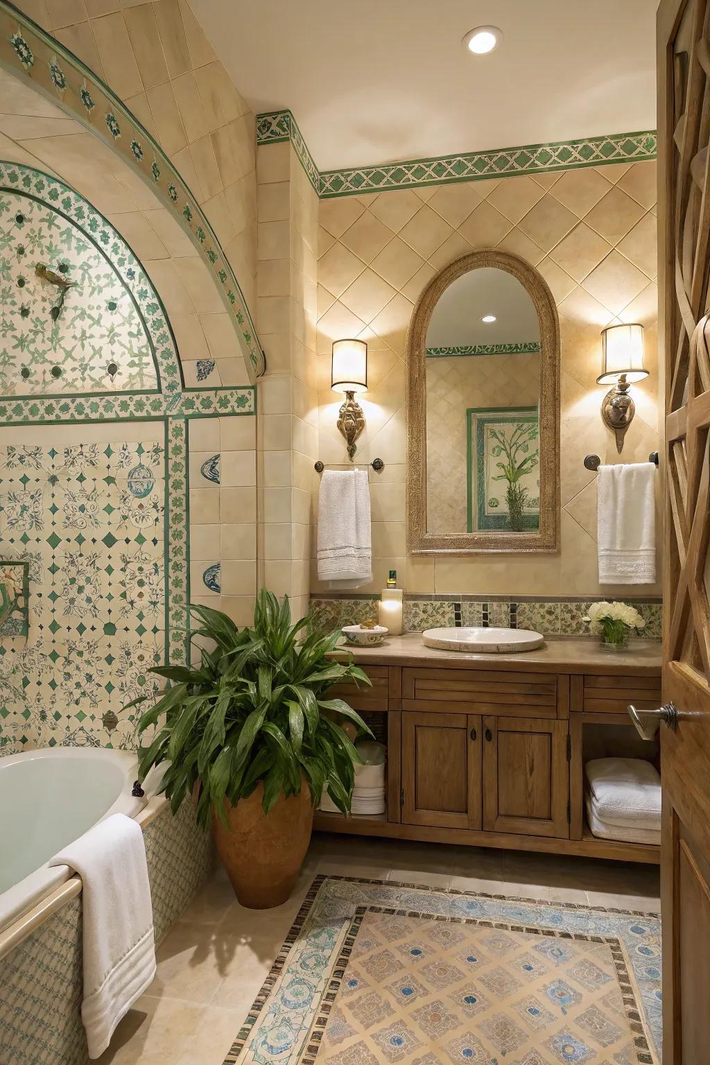 Add charm with decorative tiles for a pop of personality in your bathroom. #BathroomDecor #TileInspiration