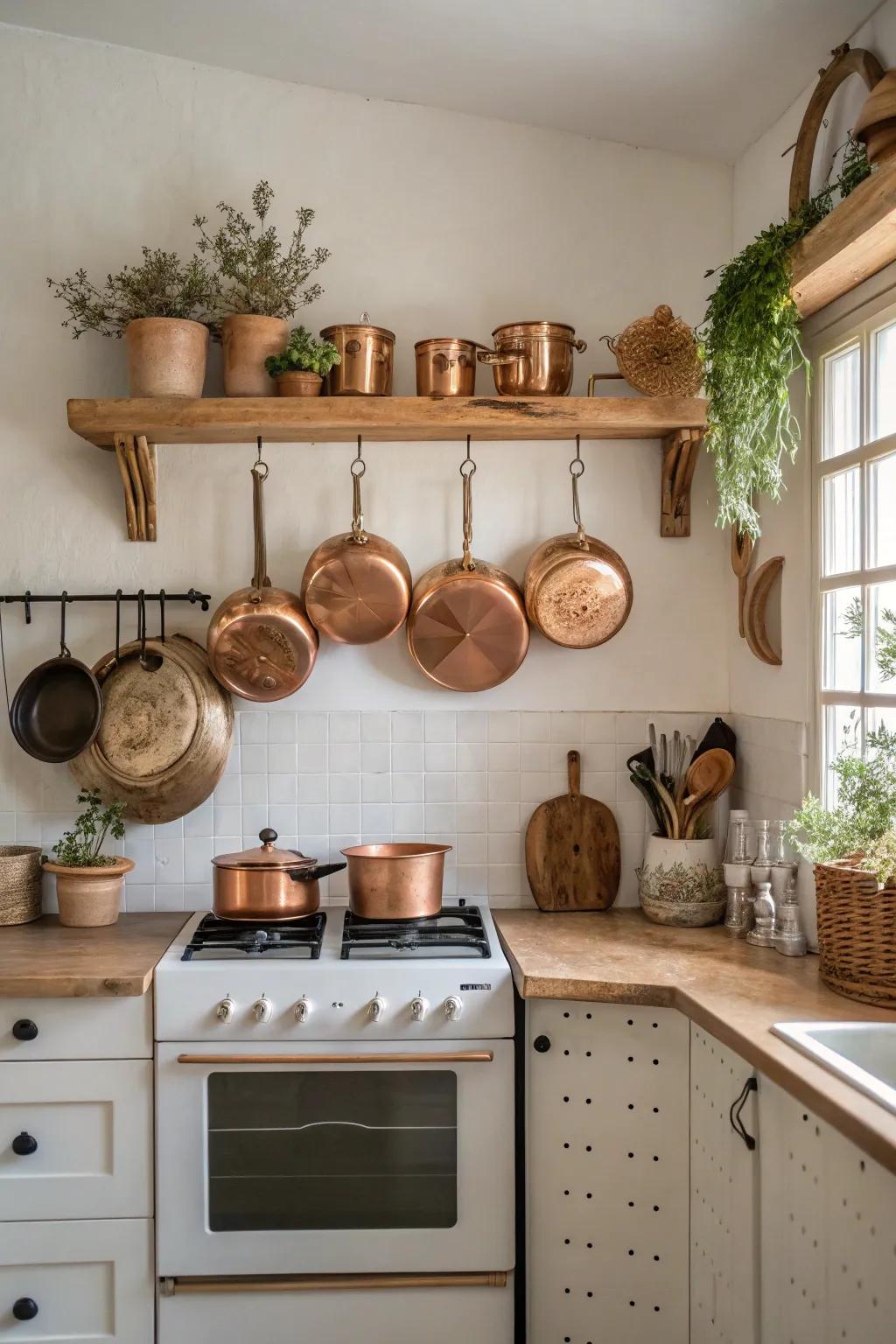 Combine elegance and practicality with a display of copper pots that adds warmth to your kitchen.