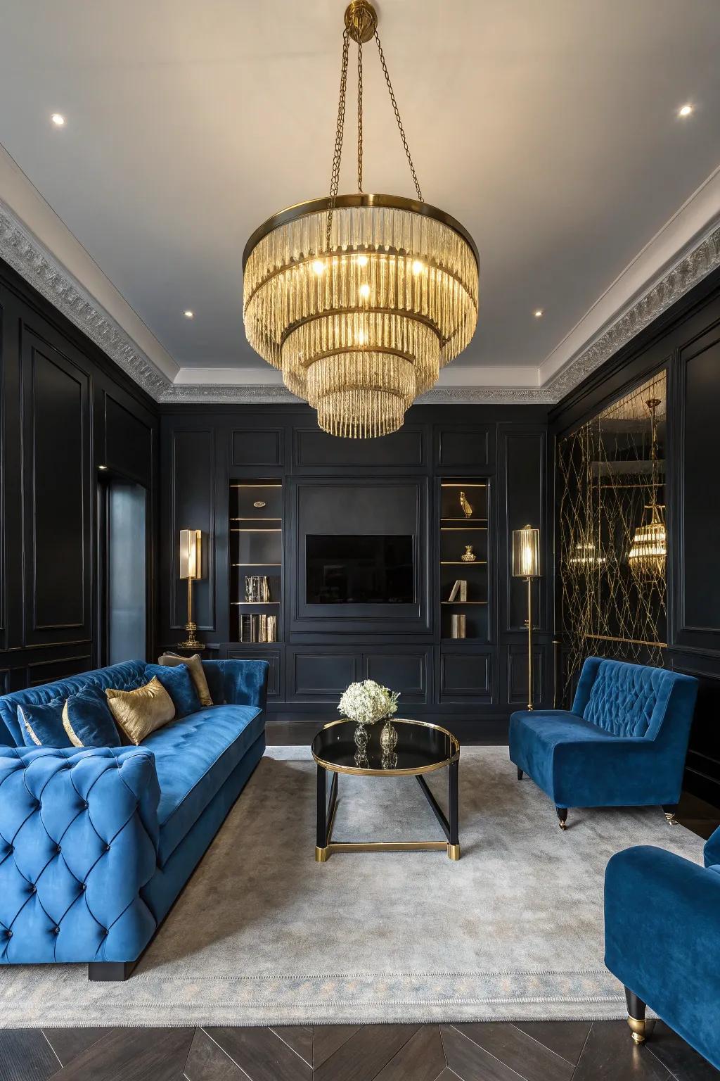 Gold accents bring warmth and elegance to the sophisticated black and blue theme.
