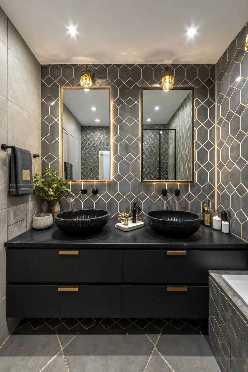 Infuse playful patterns with geometric tiles alongside striking black countertops.