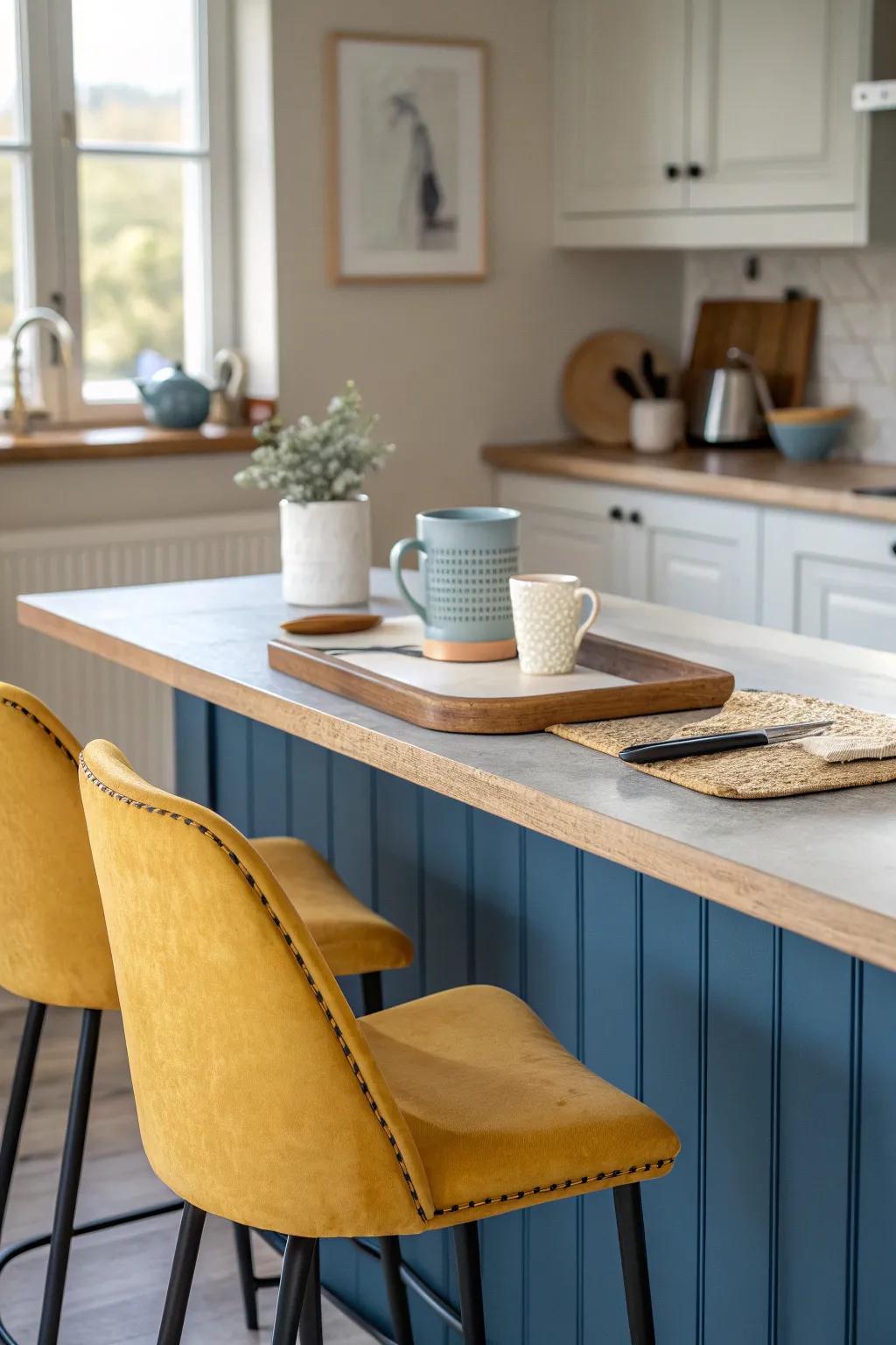 Capture vintage vibes with this stylish denim and mustard palette.