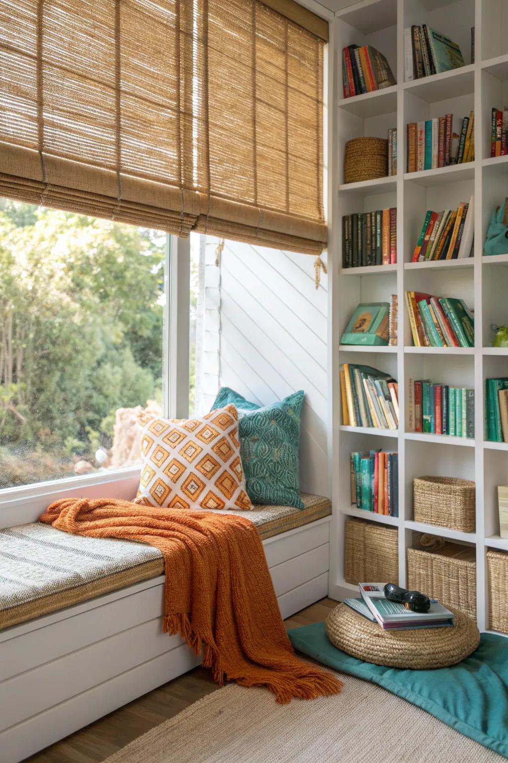 Bamboo blinds bring a natural touch, perfect for a serene reading corner. 🌿 #NaturalDecor #ReadingNook