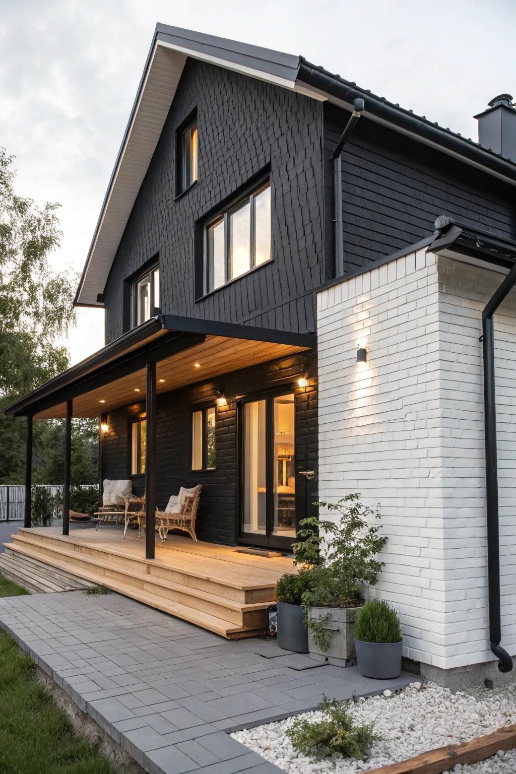 Sleek sophistication with a black and white brick-siding duo.