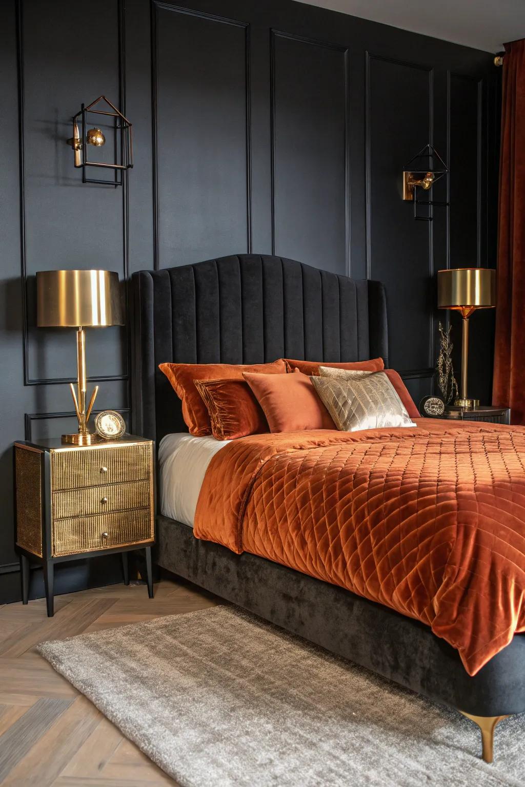 Metallic accents in gold or brass enhance the sophistication of a burnt orange and black bedroom.
