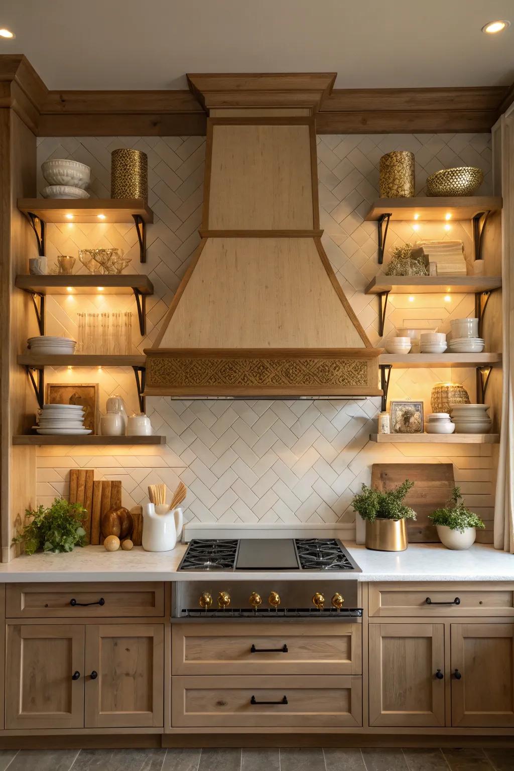 Maximize style and storage by incorporating open shelves next to your range hood.