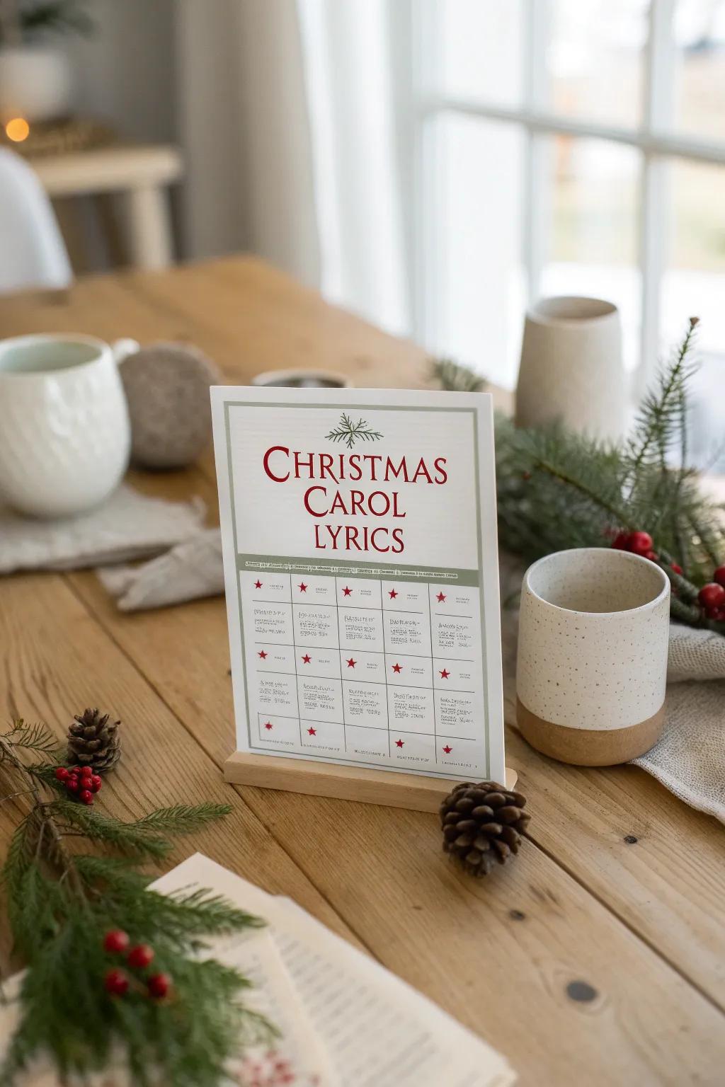 Mix music and fun with bingo cards featuring beloved Christmas carol lyrics.
