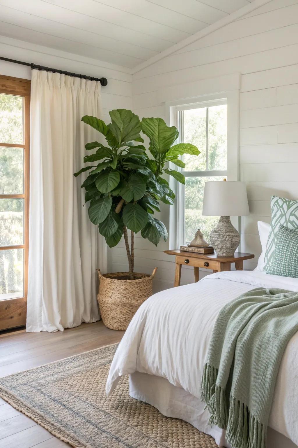 Lush greenery complements the coastal decor, bringing a refreshing touch of nature indoors.