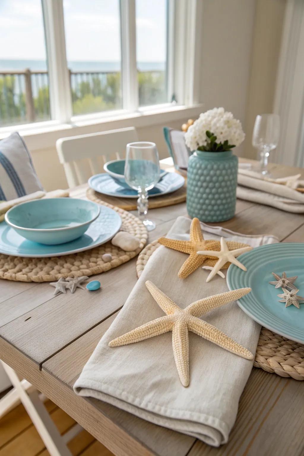 Embrace the ocean's beauty with starfish accents that bring a whimsical touch to your table.
