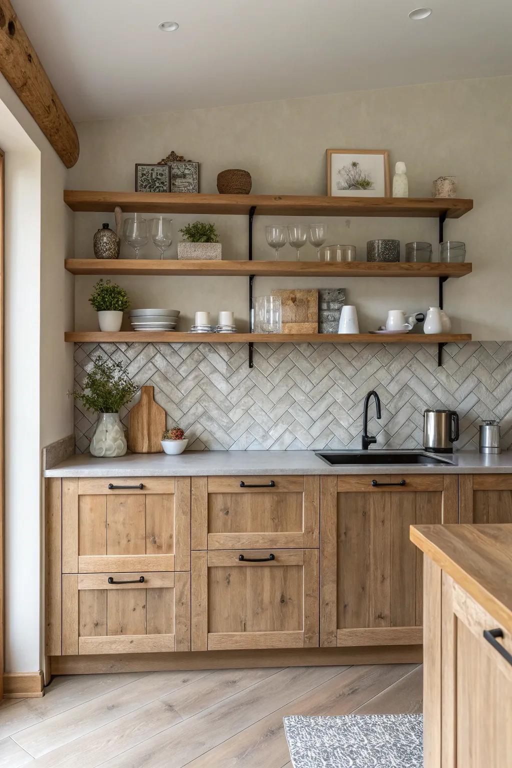 Blend rustic charm with modern design using a wood and metal backsplash.