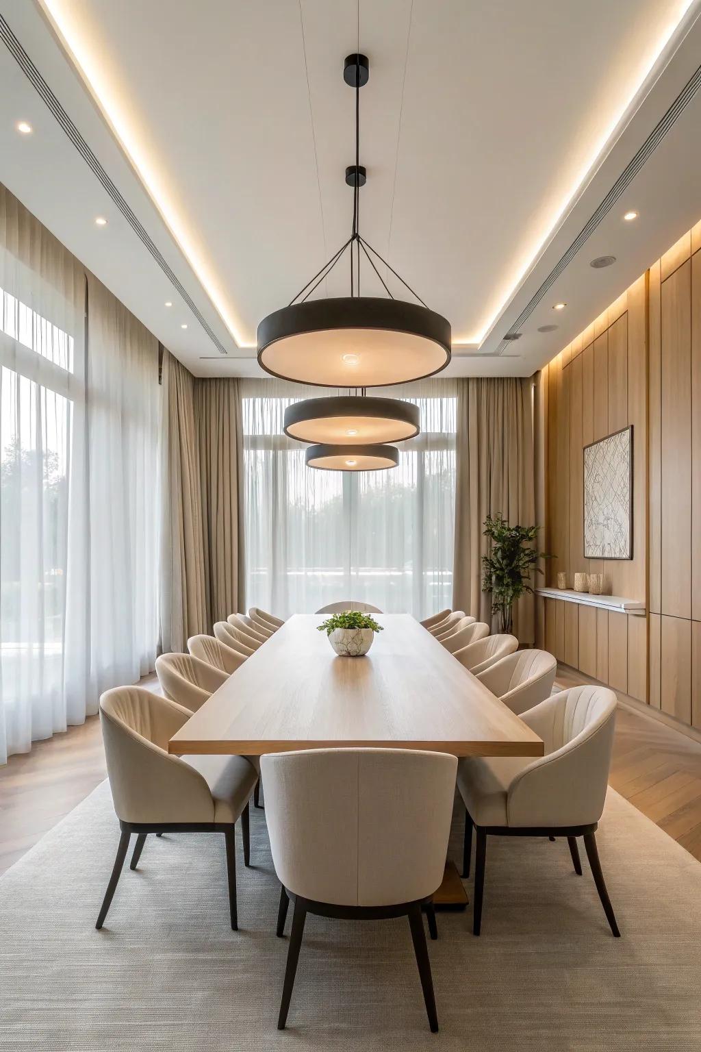 Embrace modern minimalism with sleek lighting designs that bring timeless elegance to your conference room.