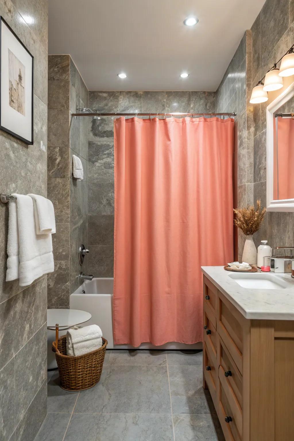 A balance of coral and neutrals creates a calm and inviting bathroom atmosphere.