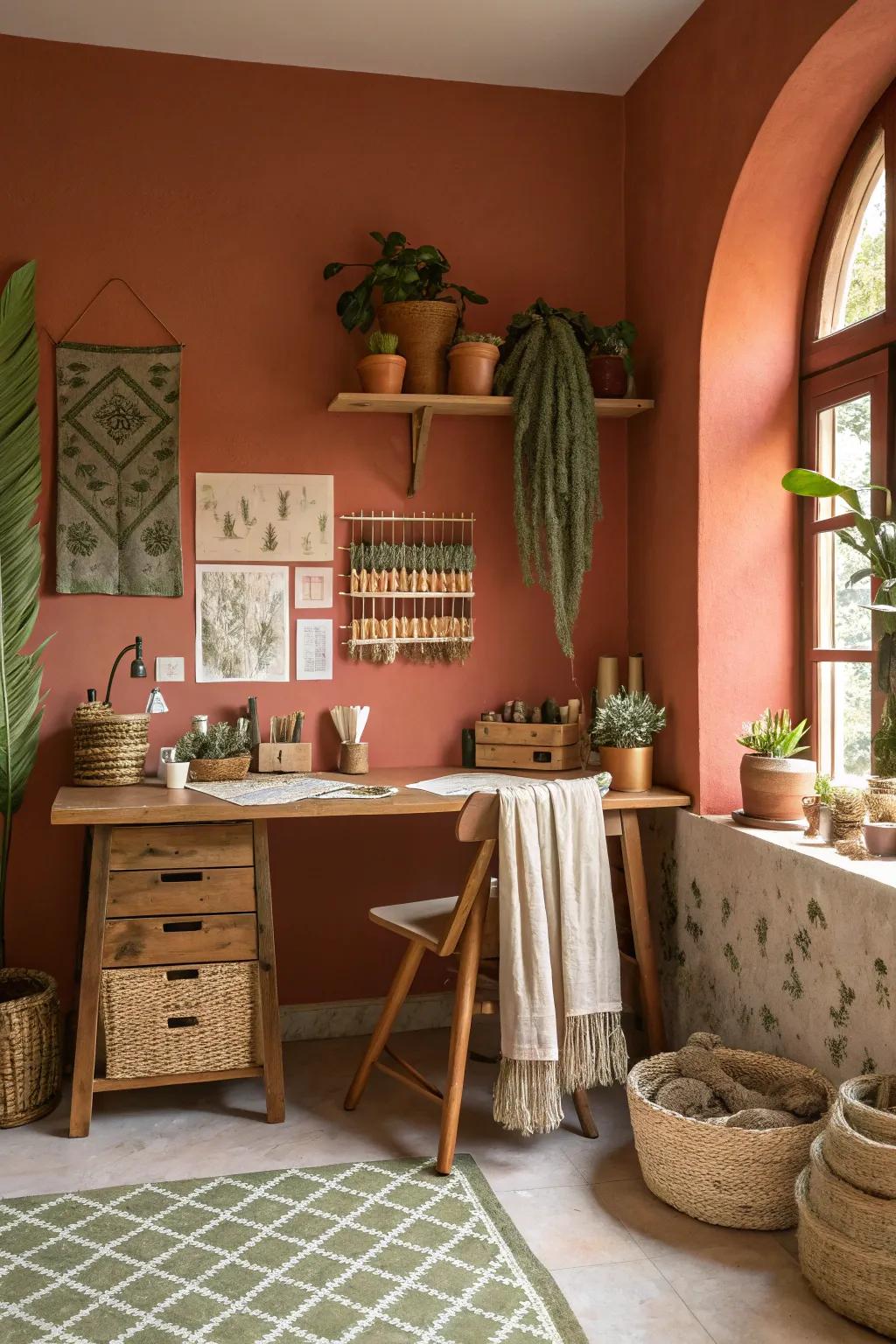 Warm earthy tones create a cozy and inviting craft room atmosphere, perfect for focused creativity.