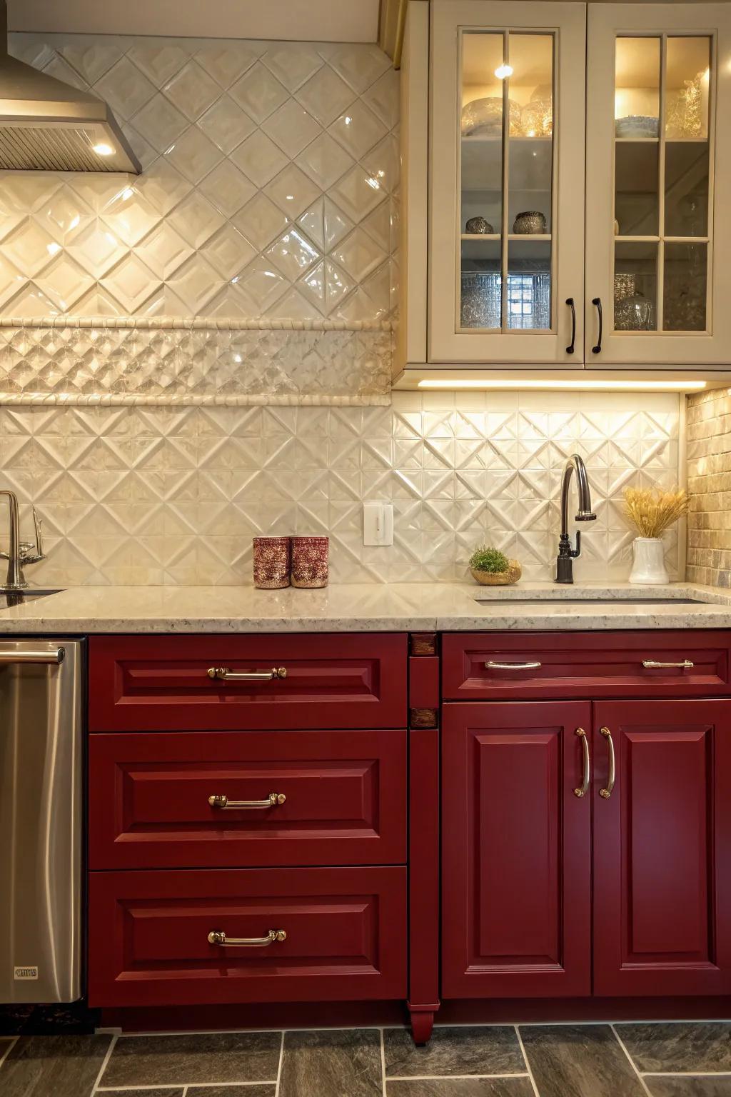 Create a stunning contrast with a cream backsplash and bold cabinet colors.