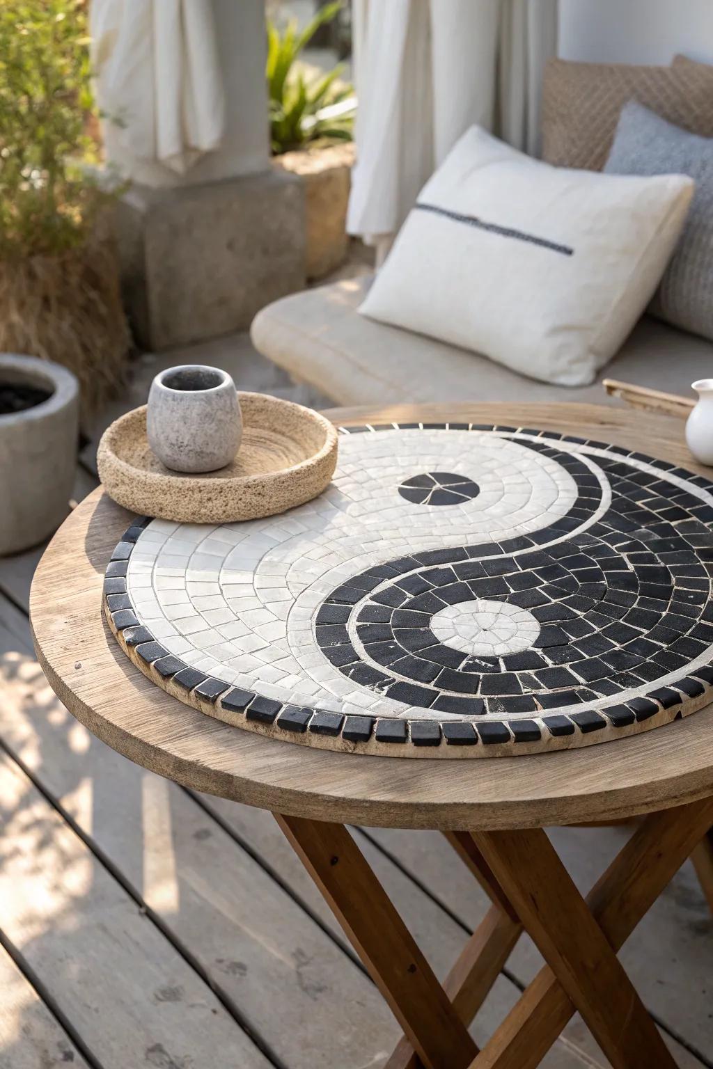 Add artistic flair to your patio with a yin yang mosaic tabletop that captures the essence of balance.