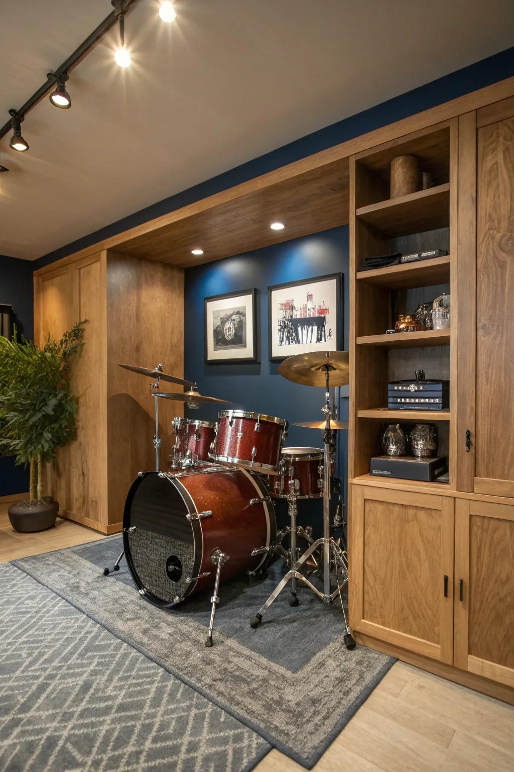 Create a dedicated corner for your drum kit, perfect for music enthusiasts.