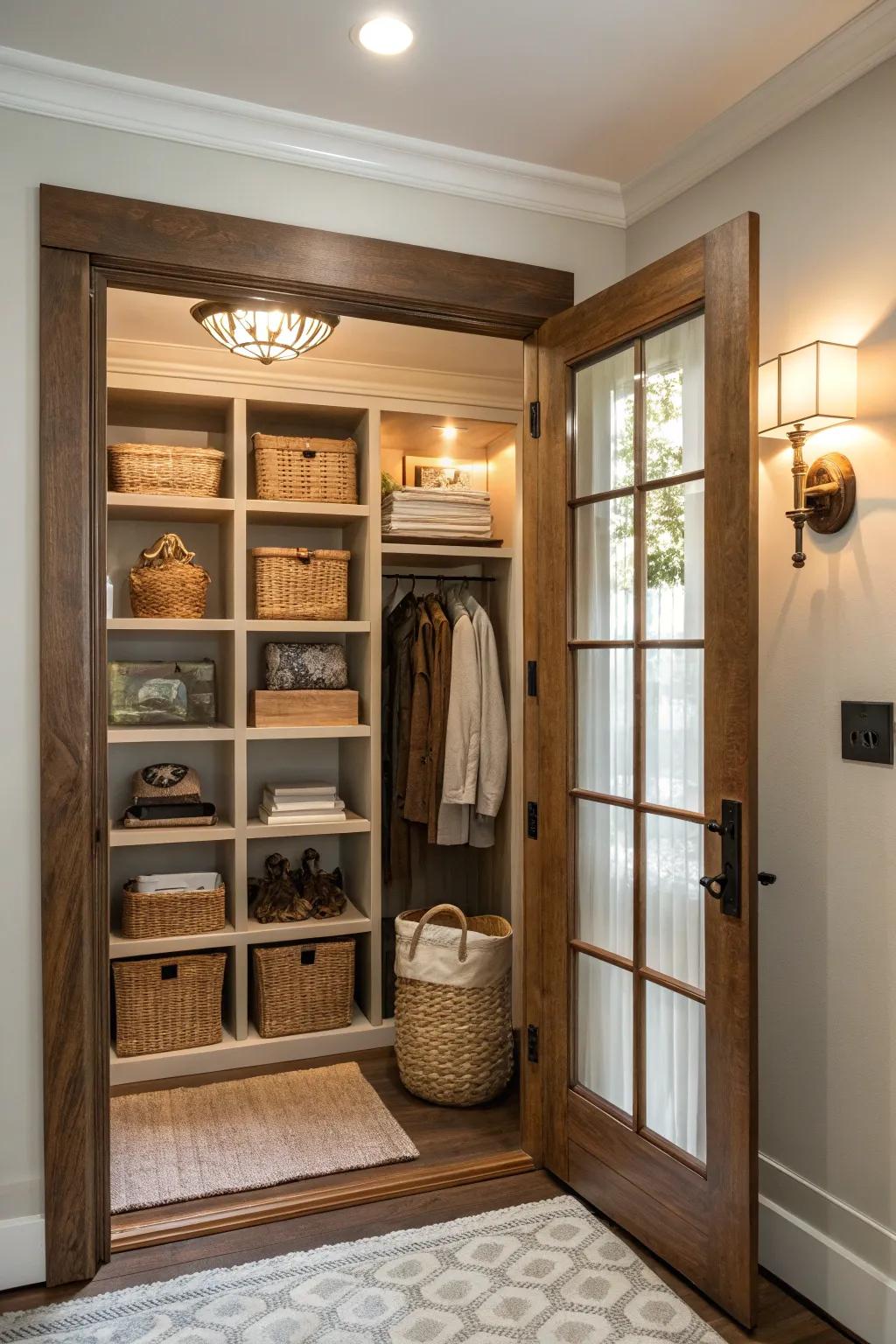 Showcase and access your favorite items with open shelving closet doors.