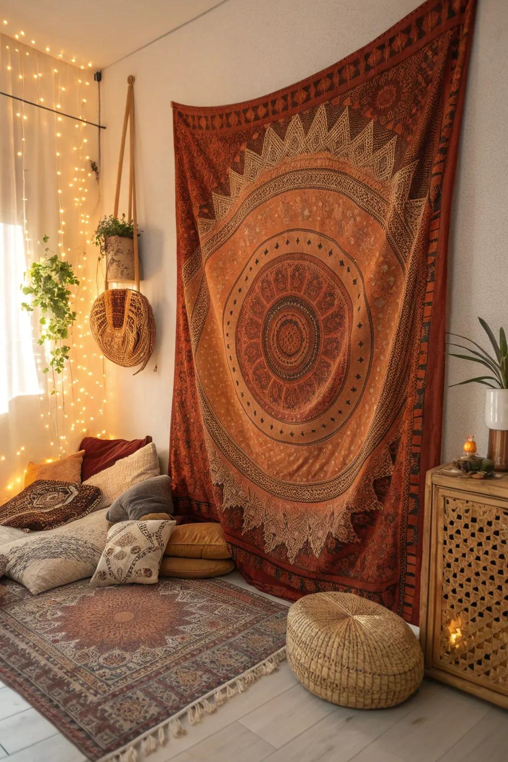 Achieve a relaxed boho vibe with tapestry hangings that flow with elegance.