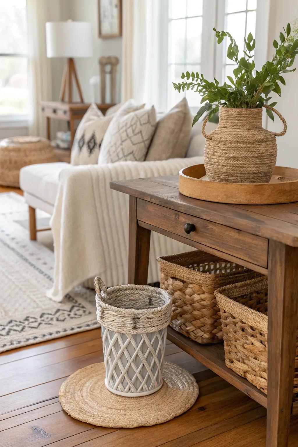Add texture and rustic charm to your decor with woven baskets and coasters.