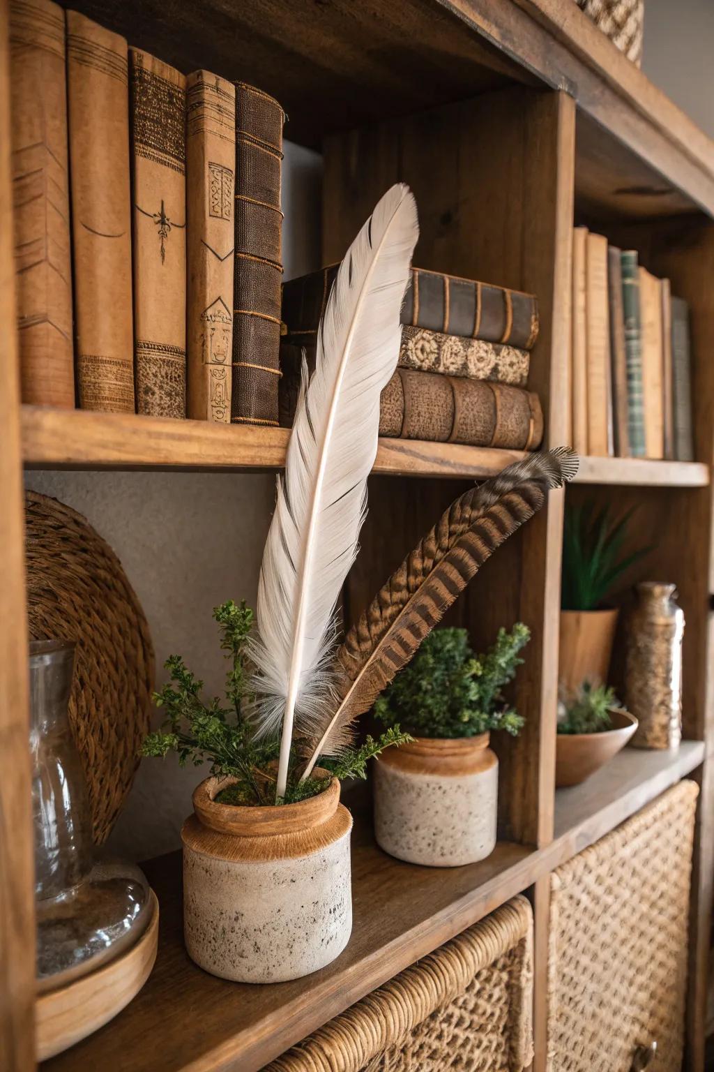 Enhance your bookshelves with delicate feather accents for a cozy vibe.