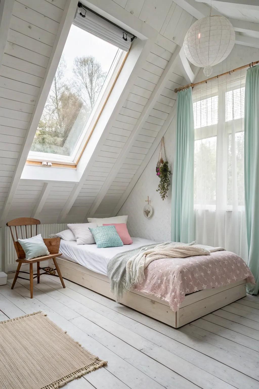 Light colors brighten up this attic space, creating a serene and airy atmosphere.