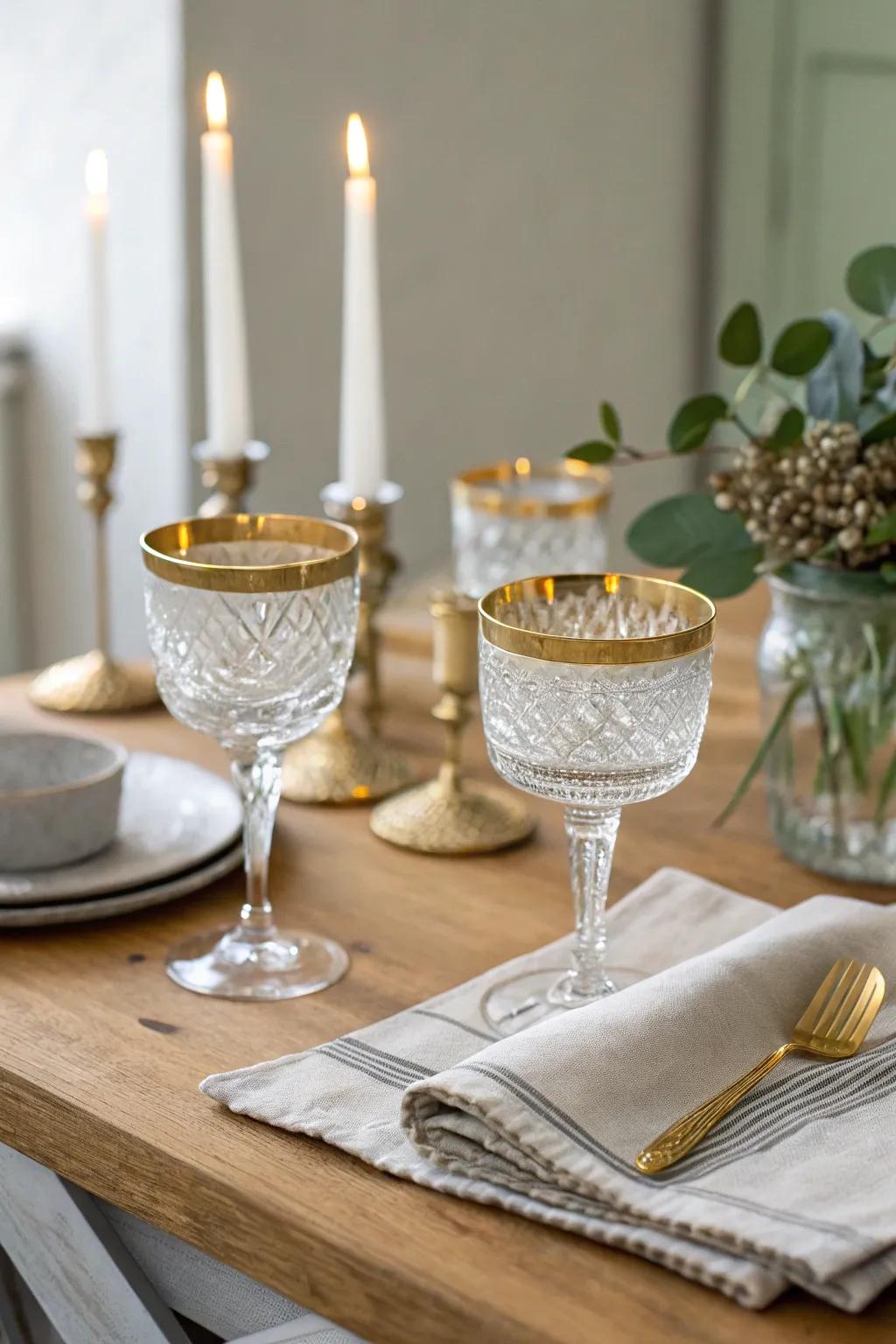 Sophisticated crystal glassware with gold detailing elevates any occasion. #Glassware #TableDecor