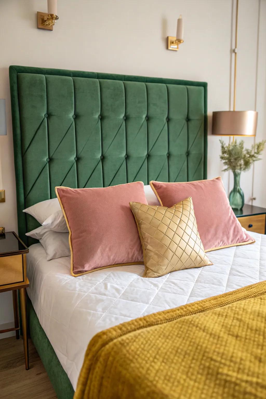 Tie your room together with complementary accents that highlight your green headboard beautifully.