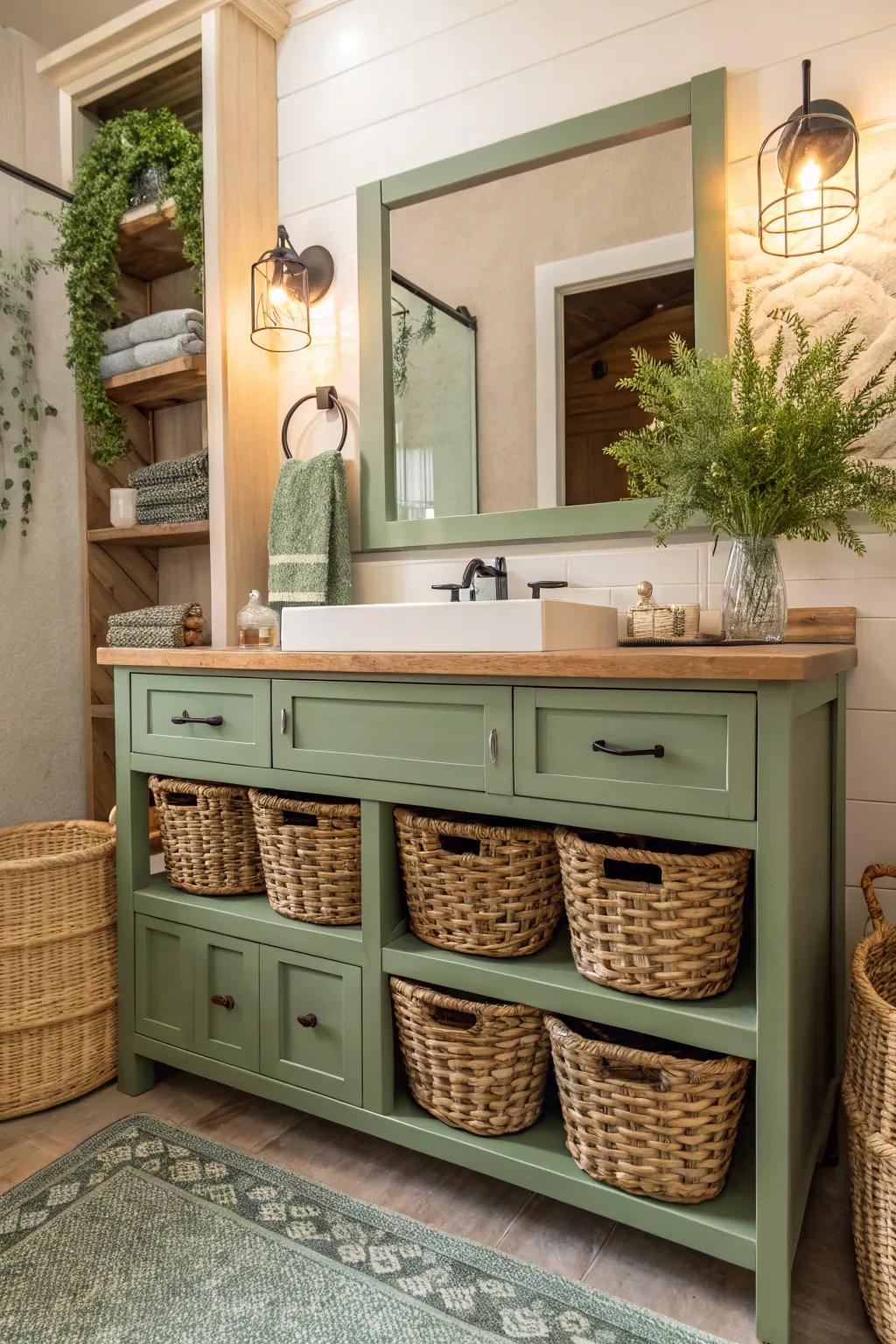 Embrace rustic charm and functionality with woven baskets in your bathroom design.