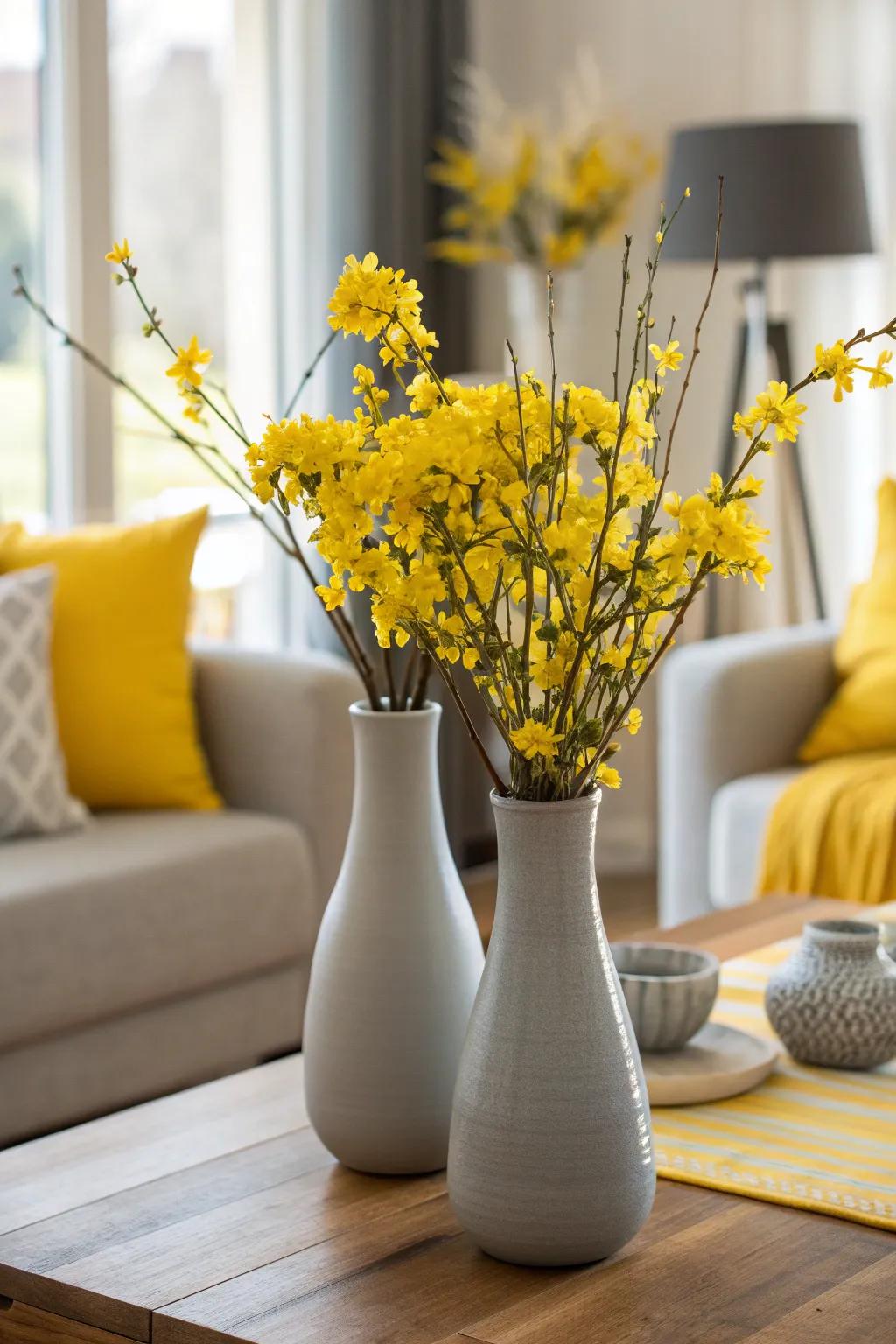 Bring a touch of nature indoors with grey vases and yellow flowers. A refreshing decor idea.