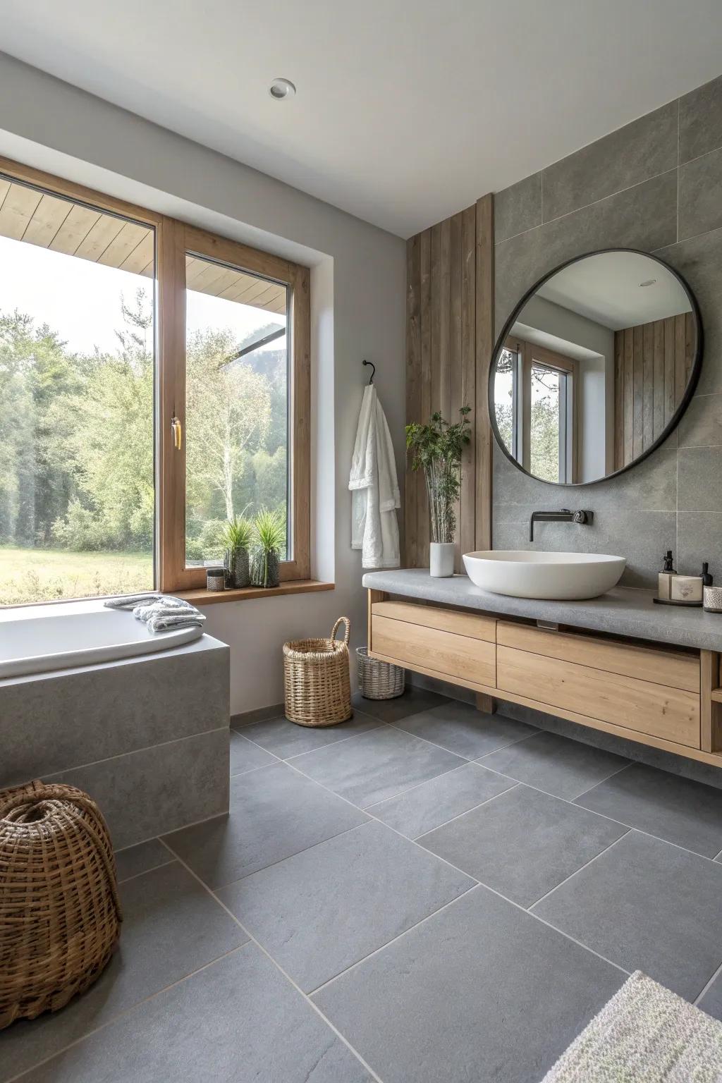 Natural light brings out the subtle beauty of grey tiles, making your bathroom feel light and airy.