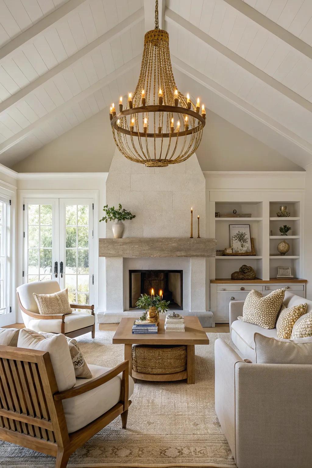 A striking chandelier adds elegance and warmth to your hearth room.