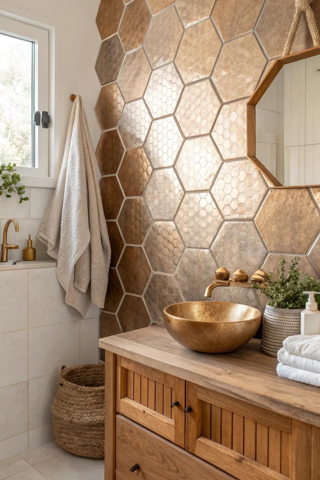 Add a luxurious touch with metallic hexagon tiles that shimmer with sophistication. 💎 #LuxuryLiving #MetallicTouches