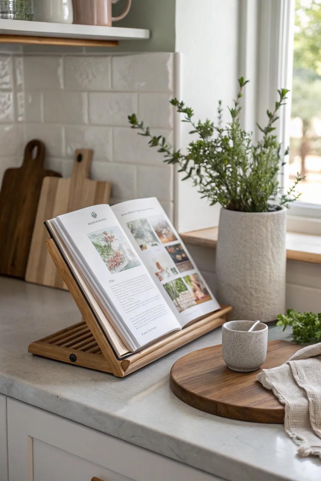 Add culinary elegance with a beautifully displayed cookbook. #CookbookStyle #KitchenDeco