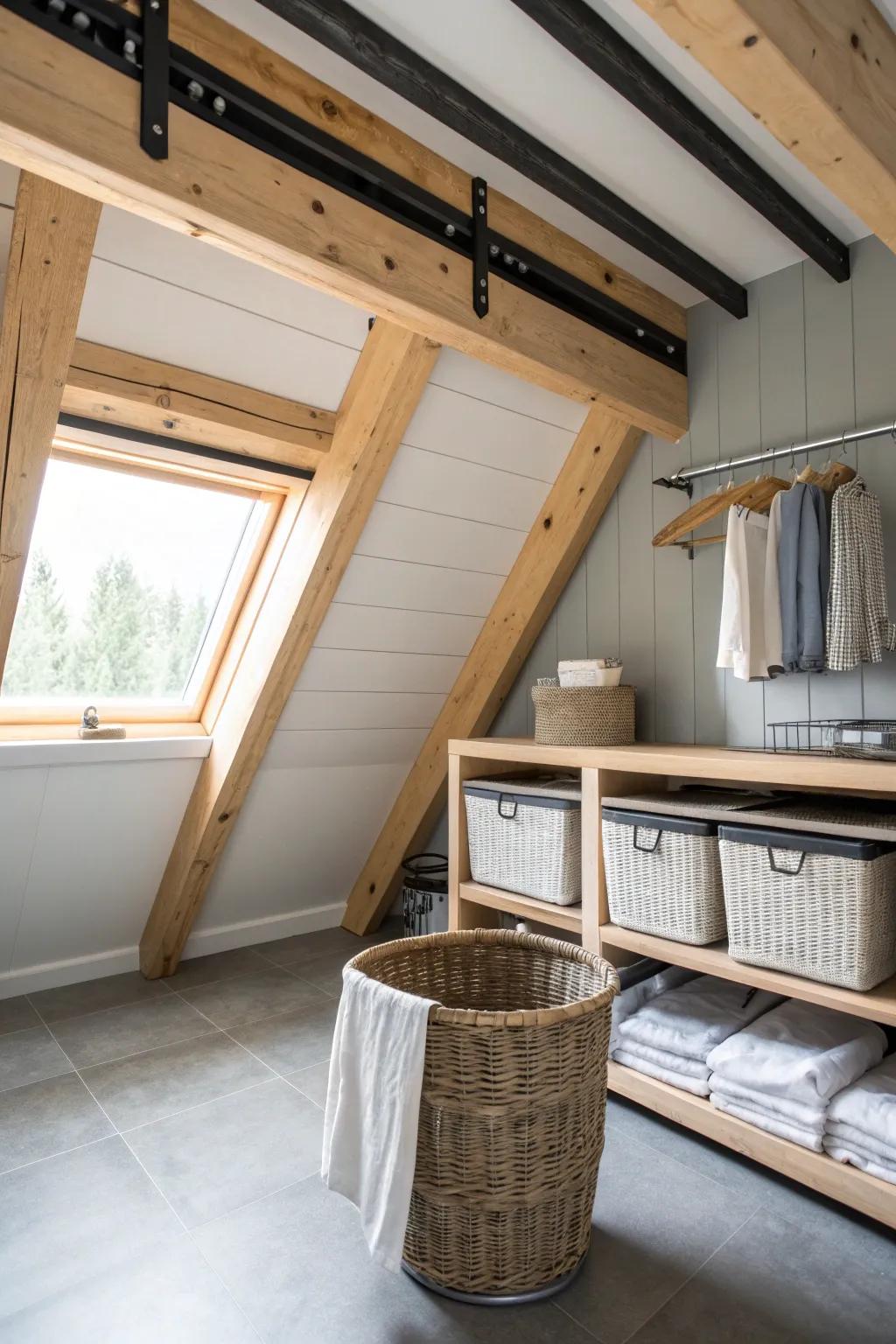 Embrace an industrial vibe with open rafters in your laundry room for a raw and stylish look.