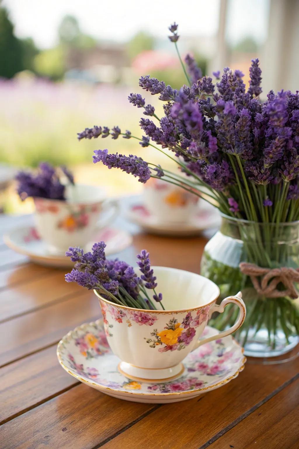 Lavender in vintage tea cups adds a whimsical, personal touch to your wedding decor.