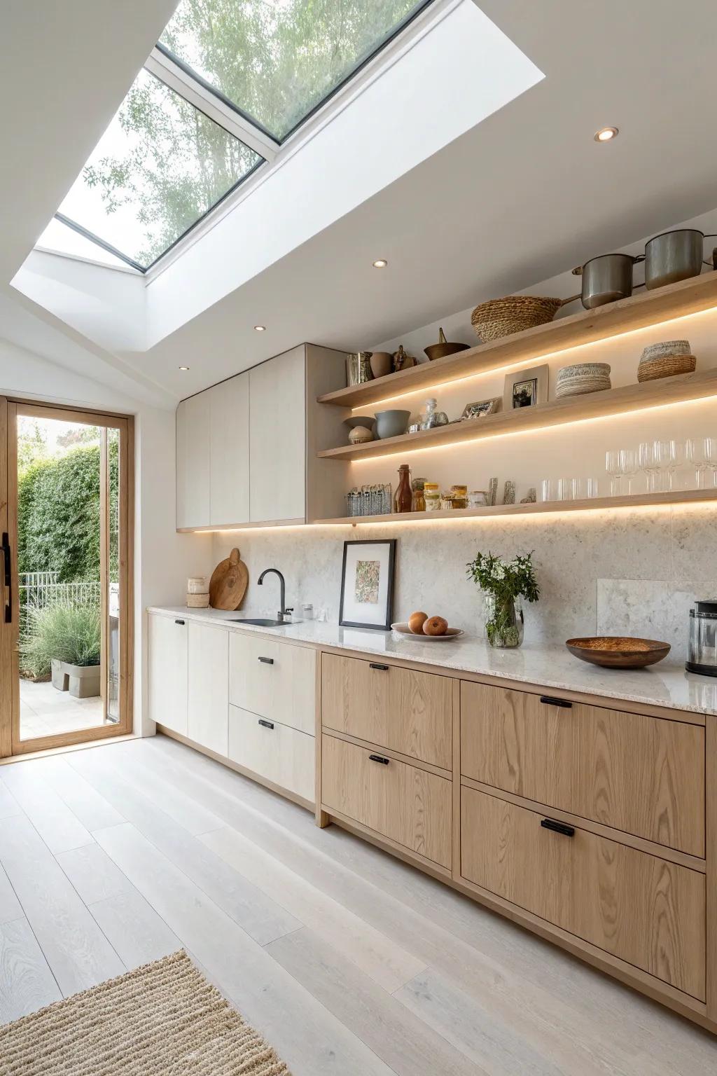 Open shelves with lighting enhance functionality and add a modern touch. ✨ #OpenShelving #KitchenLighting #InteriorDesign
