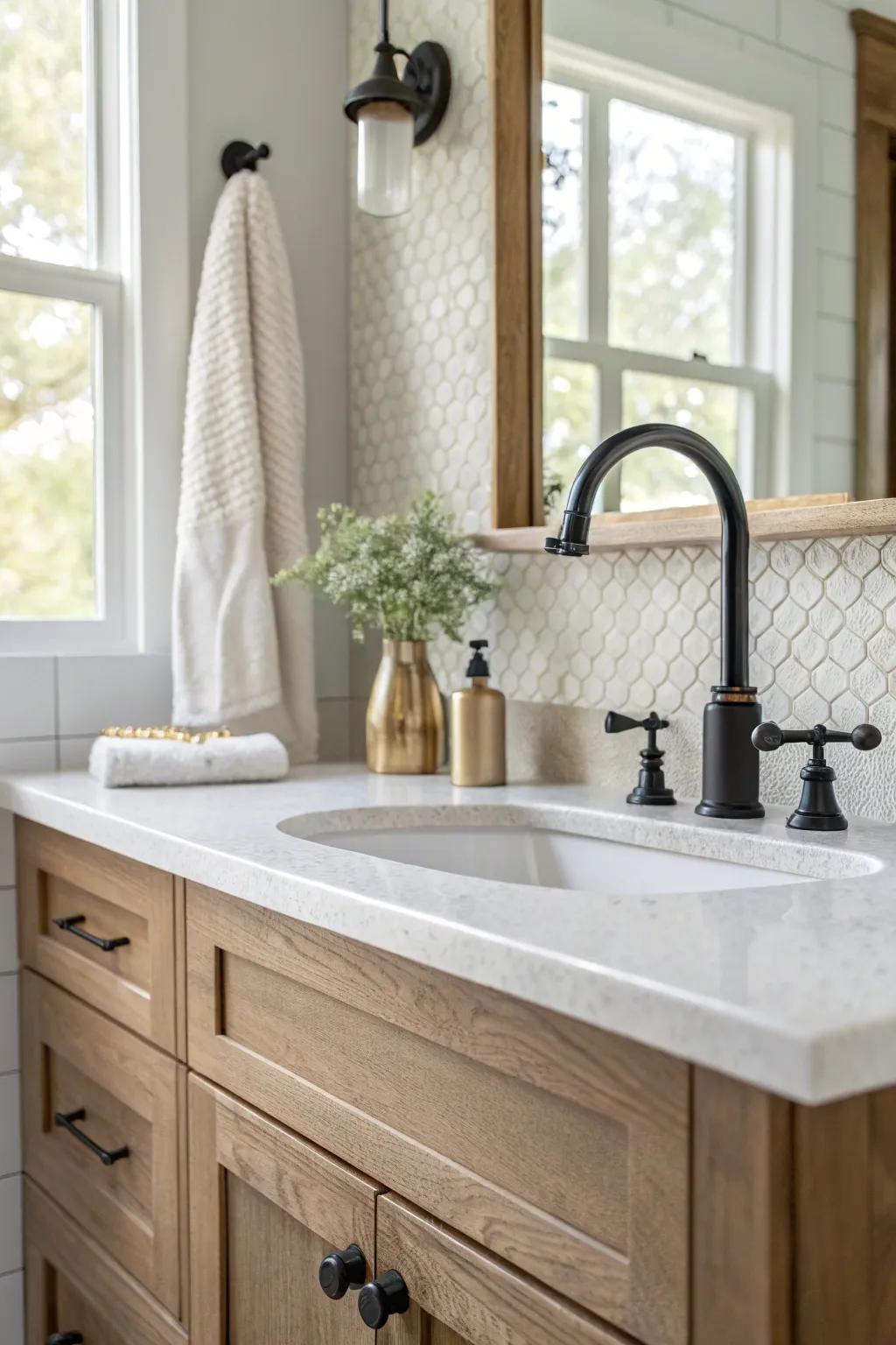 Matte black fixtures provide a striking contrast in a serene setting.