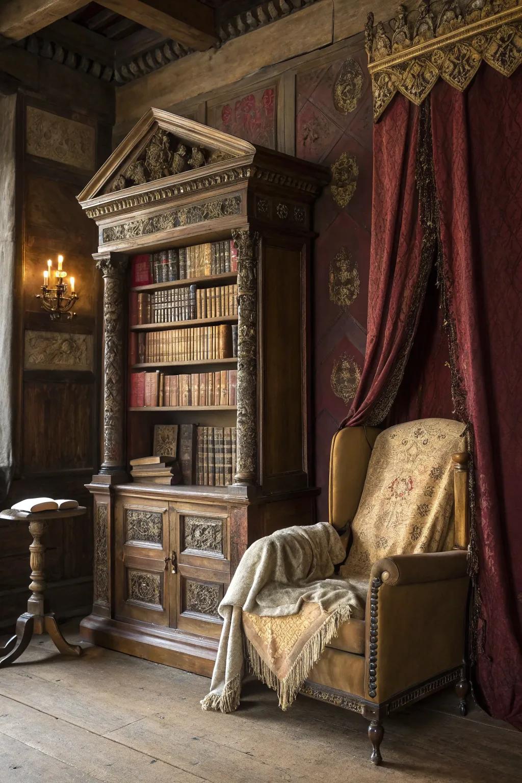 Dive into the pages of history in a reading nook that captures medieval charm.